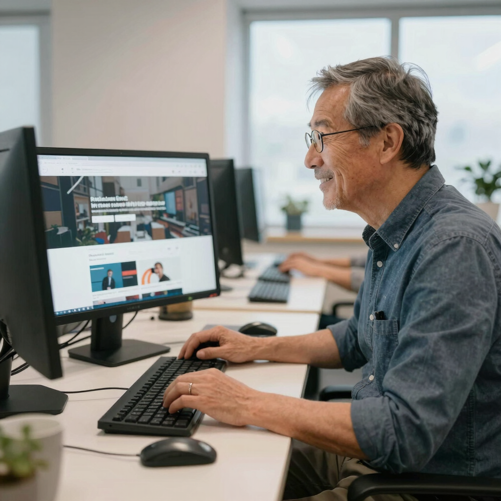 A smiling young man with curly hair uses a desktop computer for web design in a modern office.